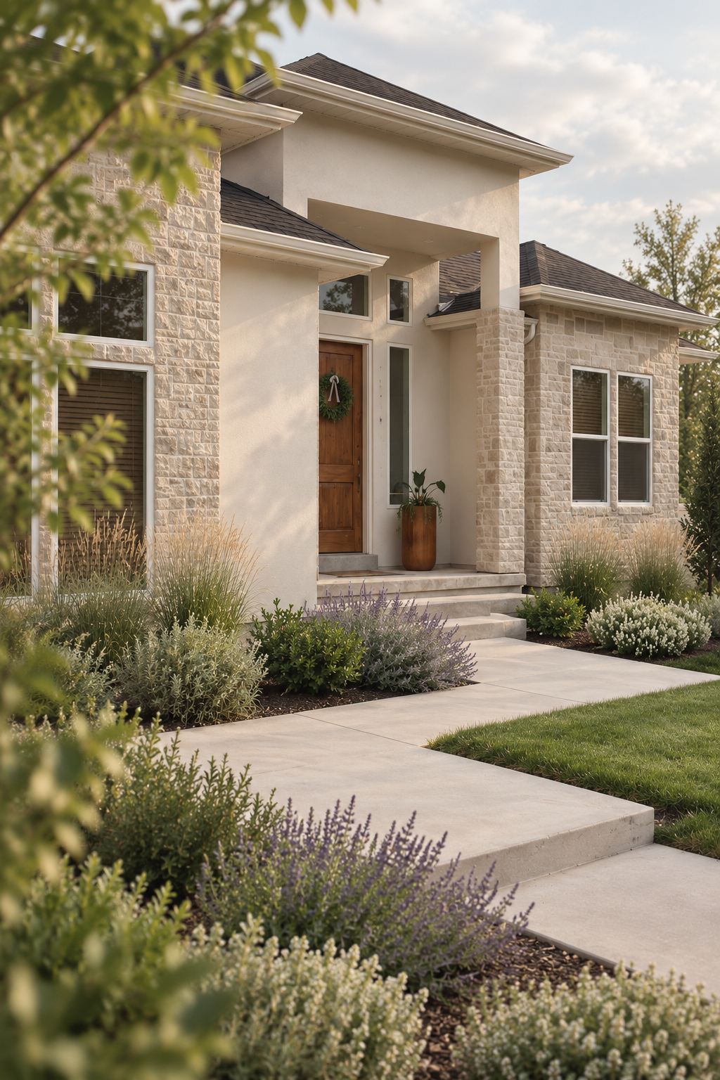 Contemporary residential entry with stone facade, wooden door, and layered front yard plantings